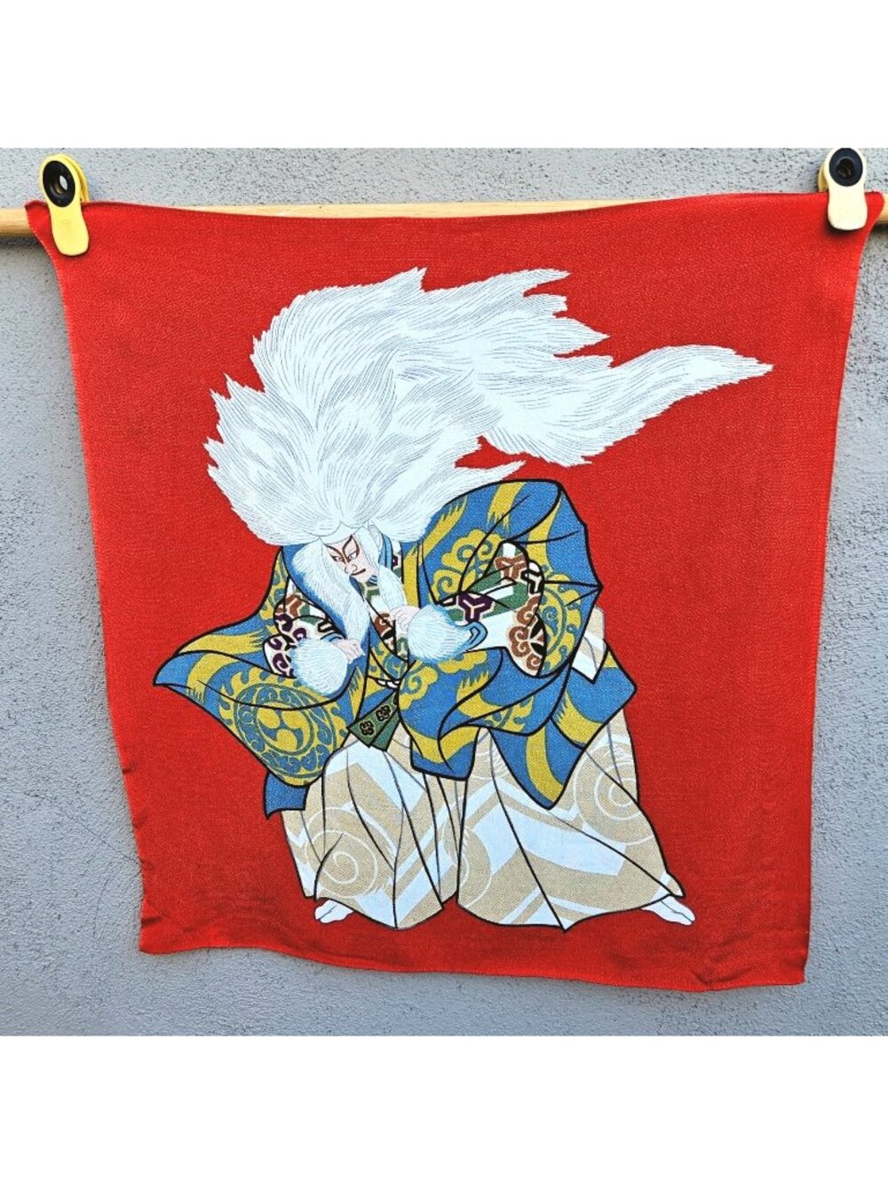 Japanese Red Wrapping Cloth Scarf White Lion Dance Design Furoshiki Kagami Jishi